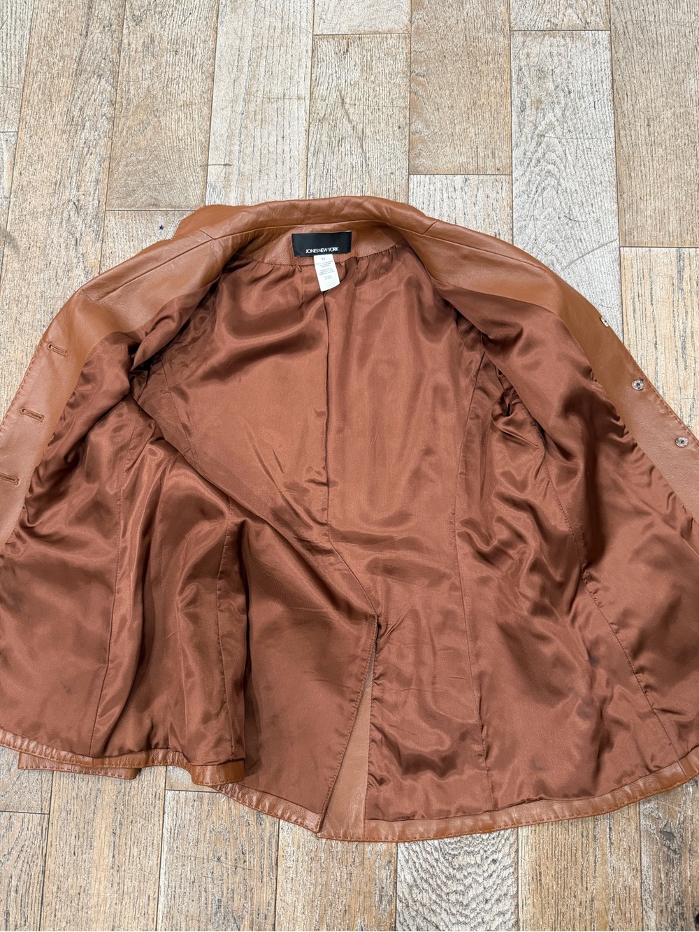 Vintage Jones New York Cognac Brown Genuine Leather Blazer Jacket - Size 12 Y2K - Picture 3 of 9